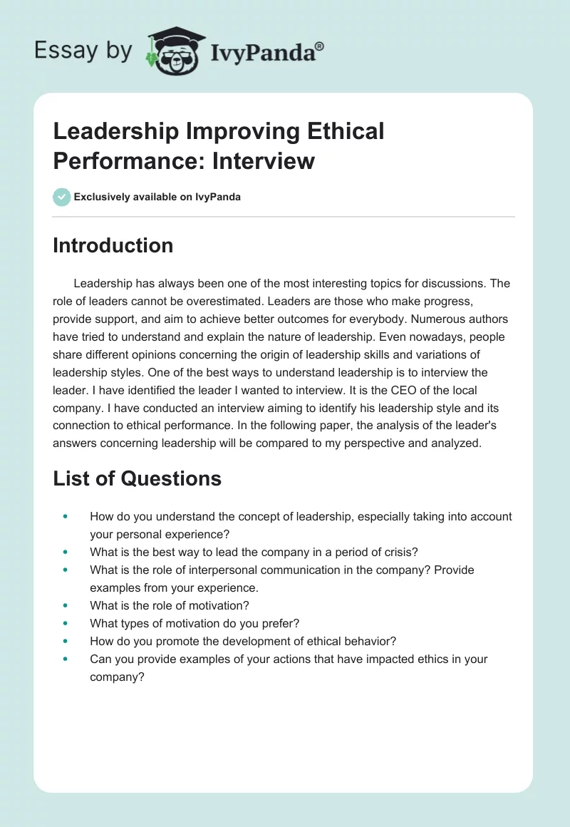 Leadership Improving Ethical Performance: Interview. Page 1