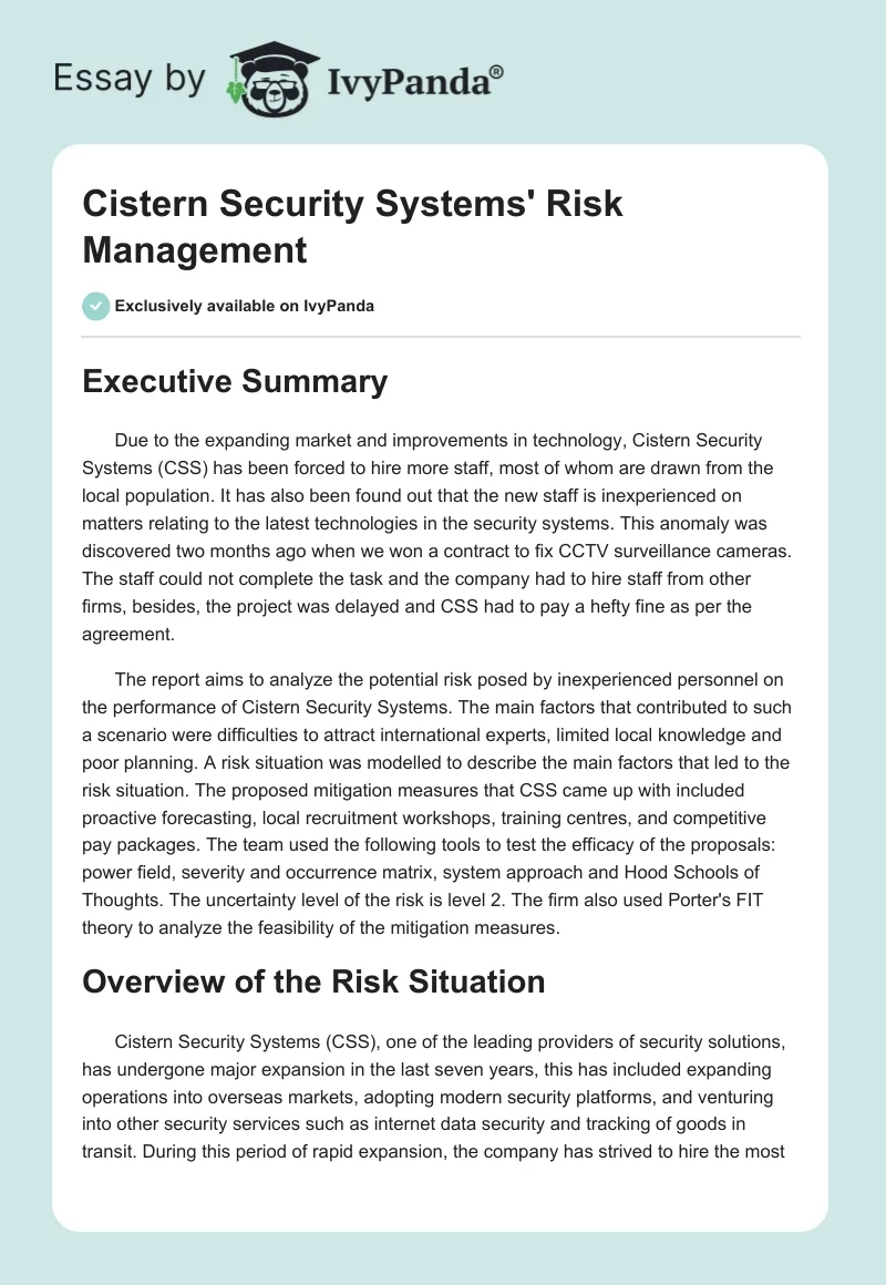 Cistern Security Systems' Risk Management. Page 1