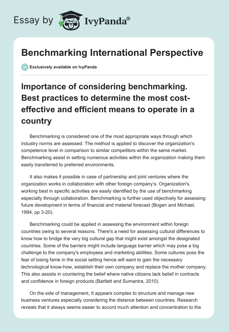 Benchmarking International Perspective. Page 1