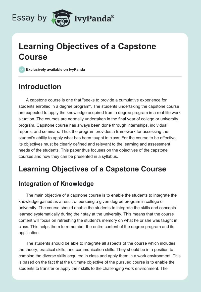 Learning Objectives of a Capstone Course. Page 1