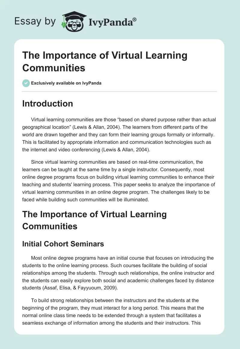 The Importance of Virtual Learning Communities. Page 1