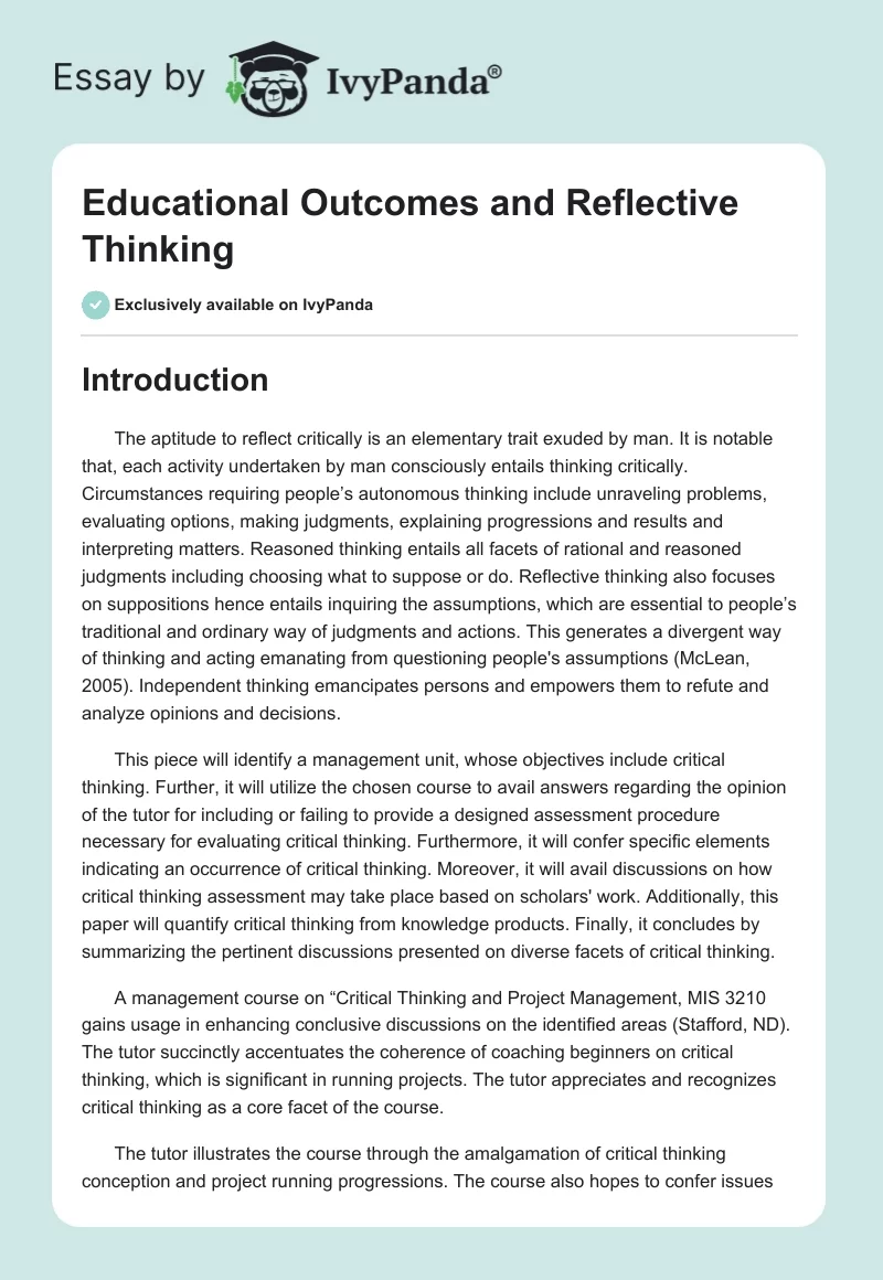 Educational Outcomes and Reflective Thinking. Page 1
