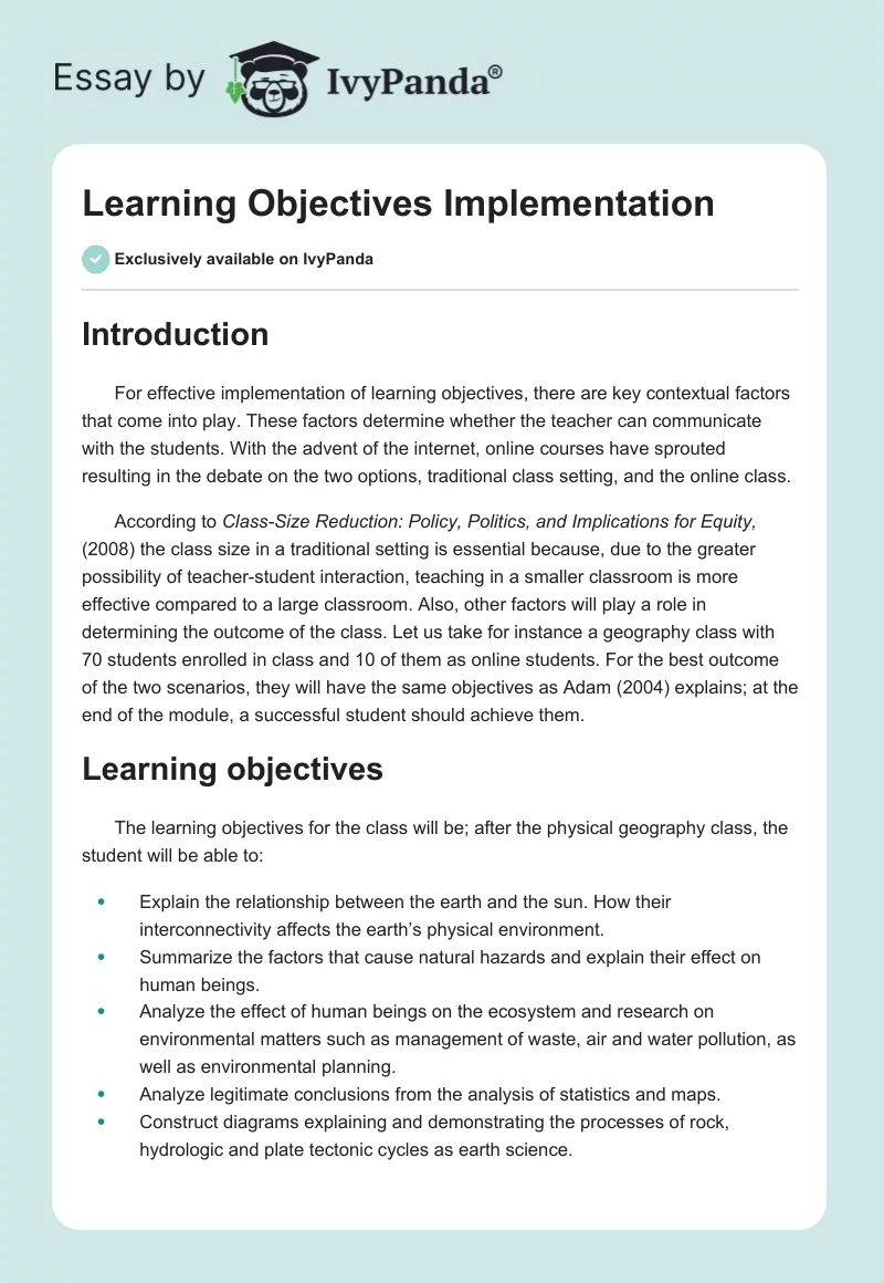 Learning Objectives Implementation. Page 1