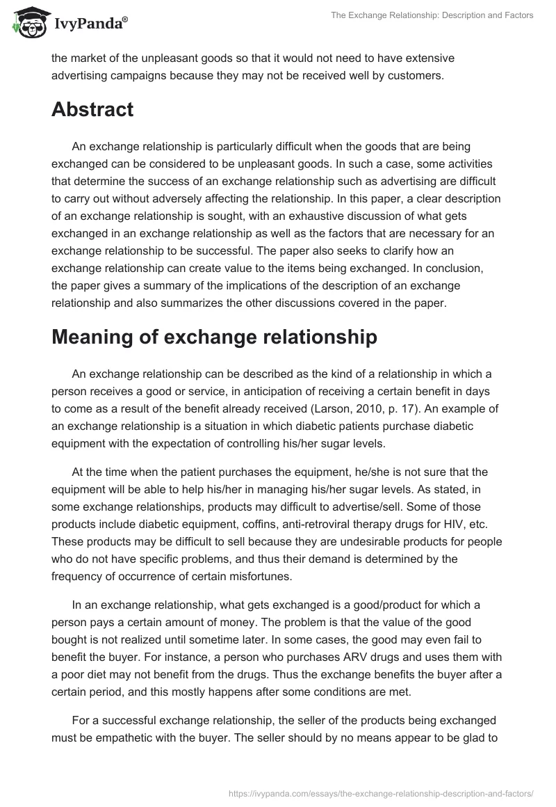 The Exchange Relationship: Description and Factors. Page 2