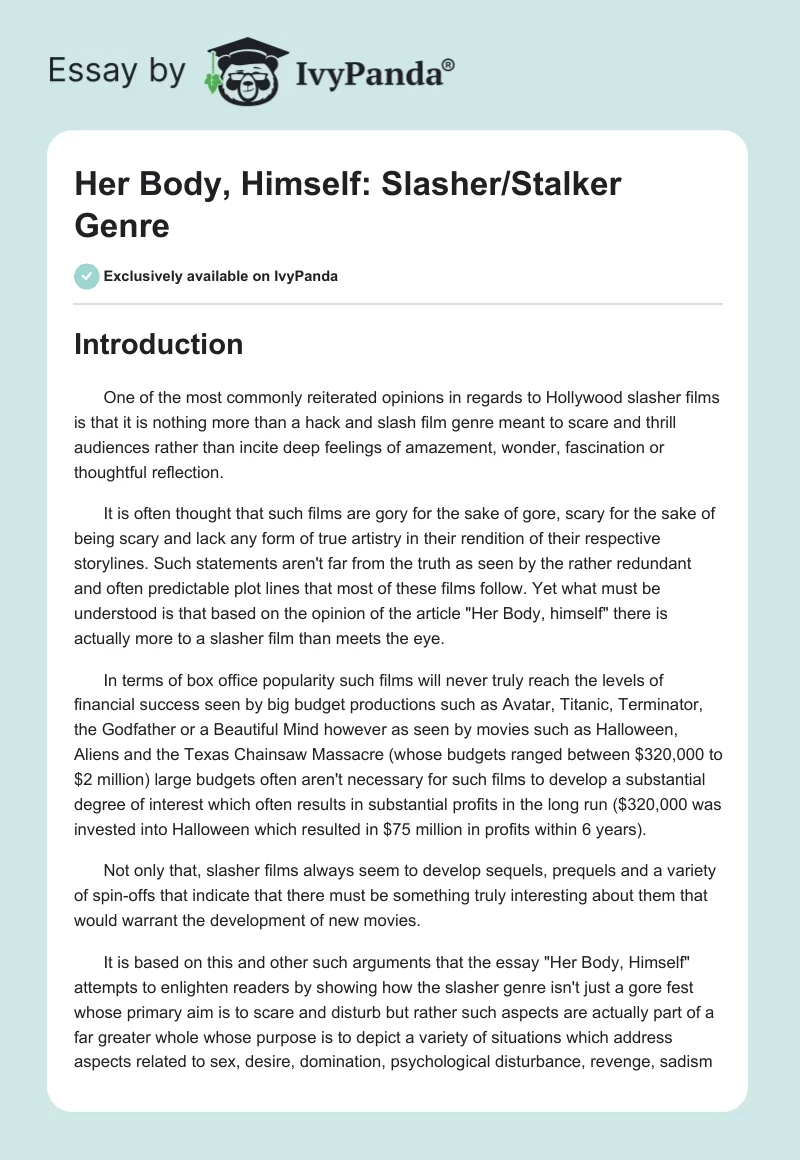"Her Body, Himself": Slasher/Stalker Genre. Page 1