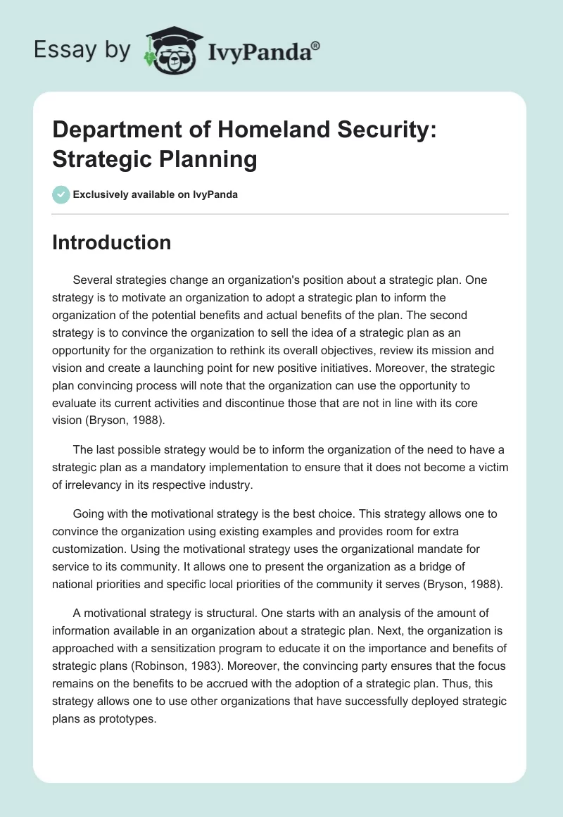 Department of Homeland Security: Strategic Planning. Page 1