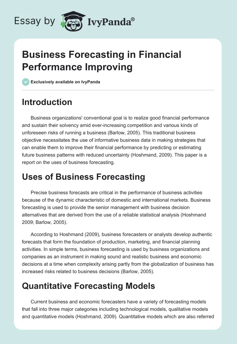 Business Forecasting in Financial Performance Improving. Page 1