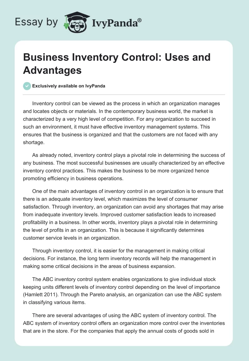 Business Inventory Control: Uses and Advantages. Page 1