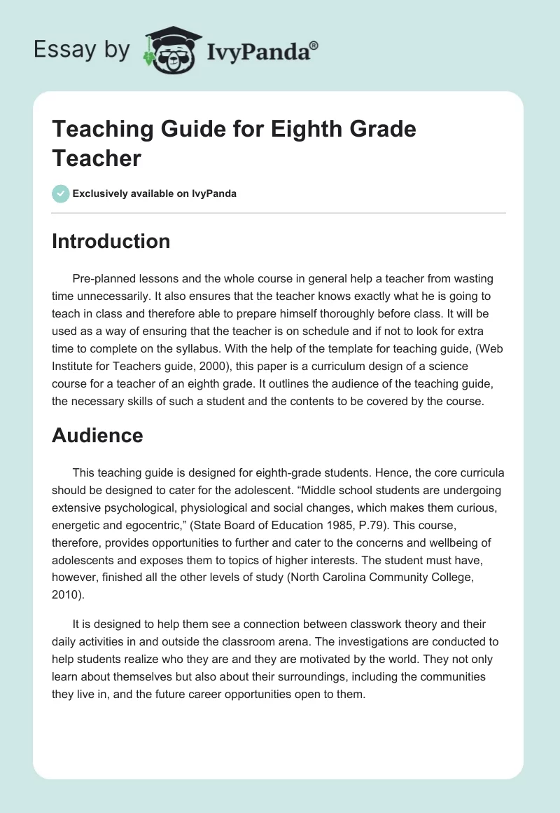 Teaching Guide for Eighth Grade Teacher. Page 1