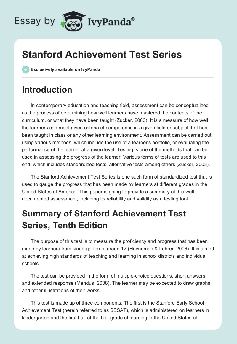 Stanford Achievement Test Series. Page 1