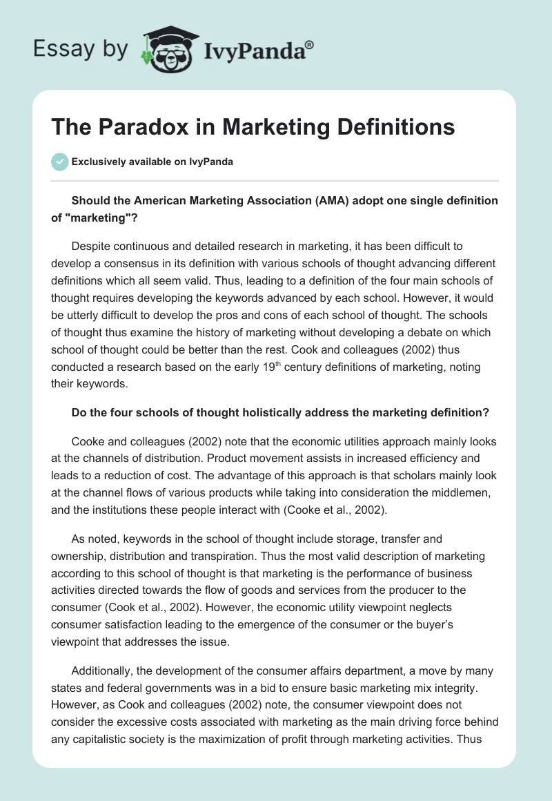 The Paradox in Marketing Definitions. Page 1