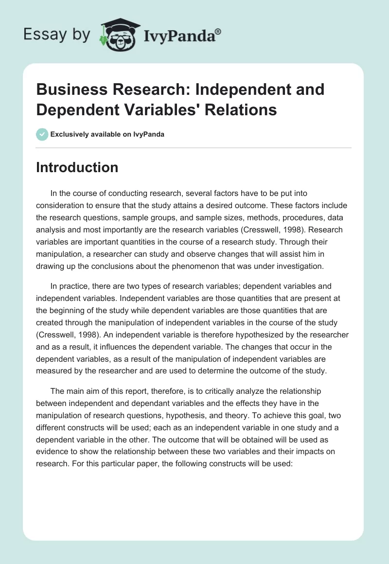 Business Research: Independent and Dependent Variables' Relations. Page 1