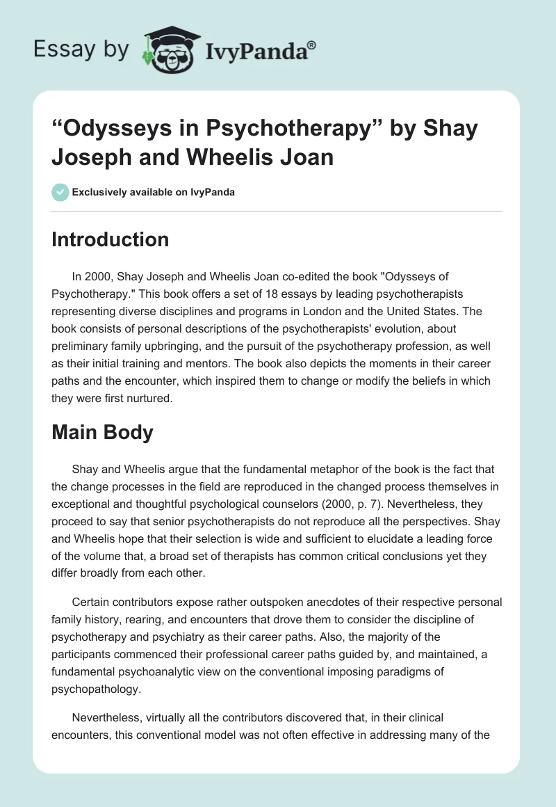 “Odysseys in Psychotherapy” by Shay Joseph and Wheelis Joan. Page 1