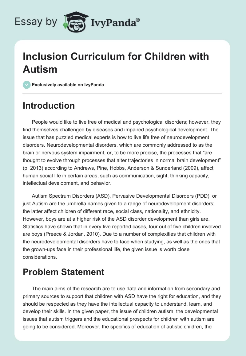 Inclusion Curriculum for Children With Autism. Page 1