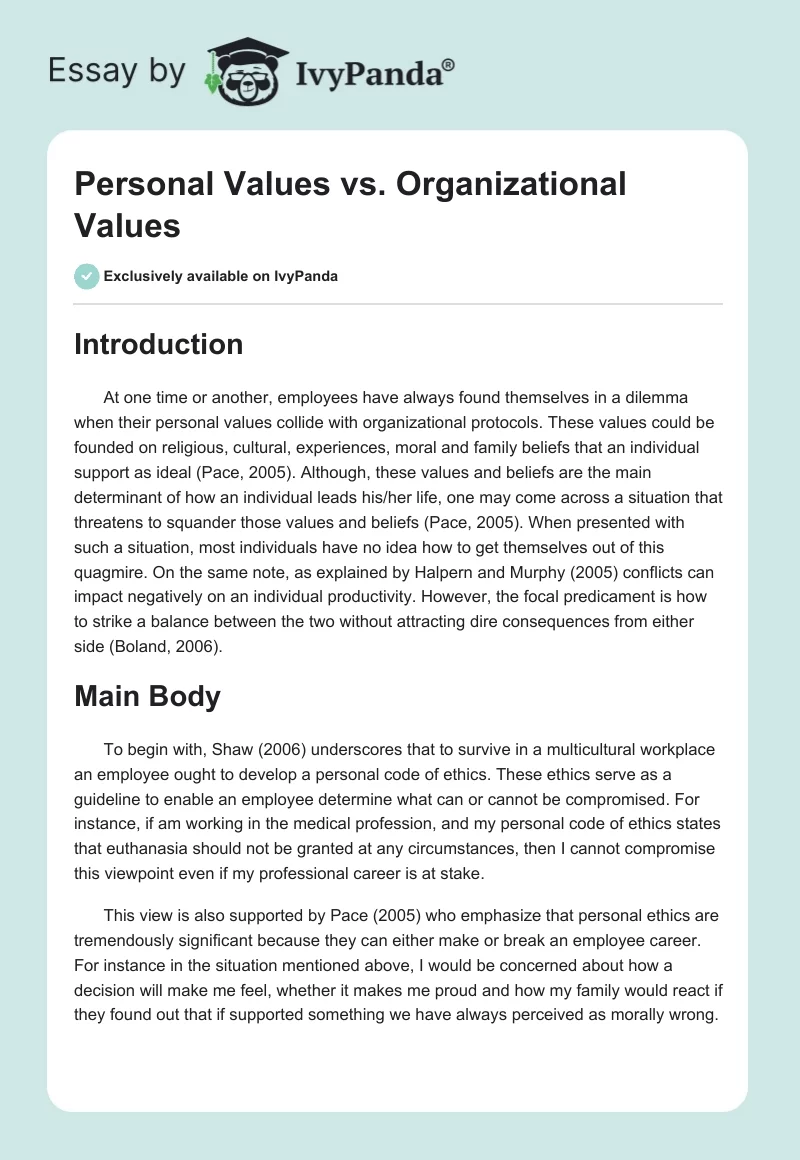 Personal Values vs. Organizational Values. Page 1