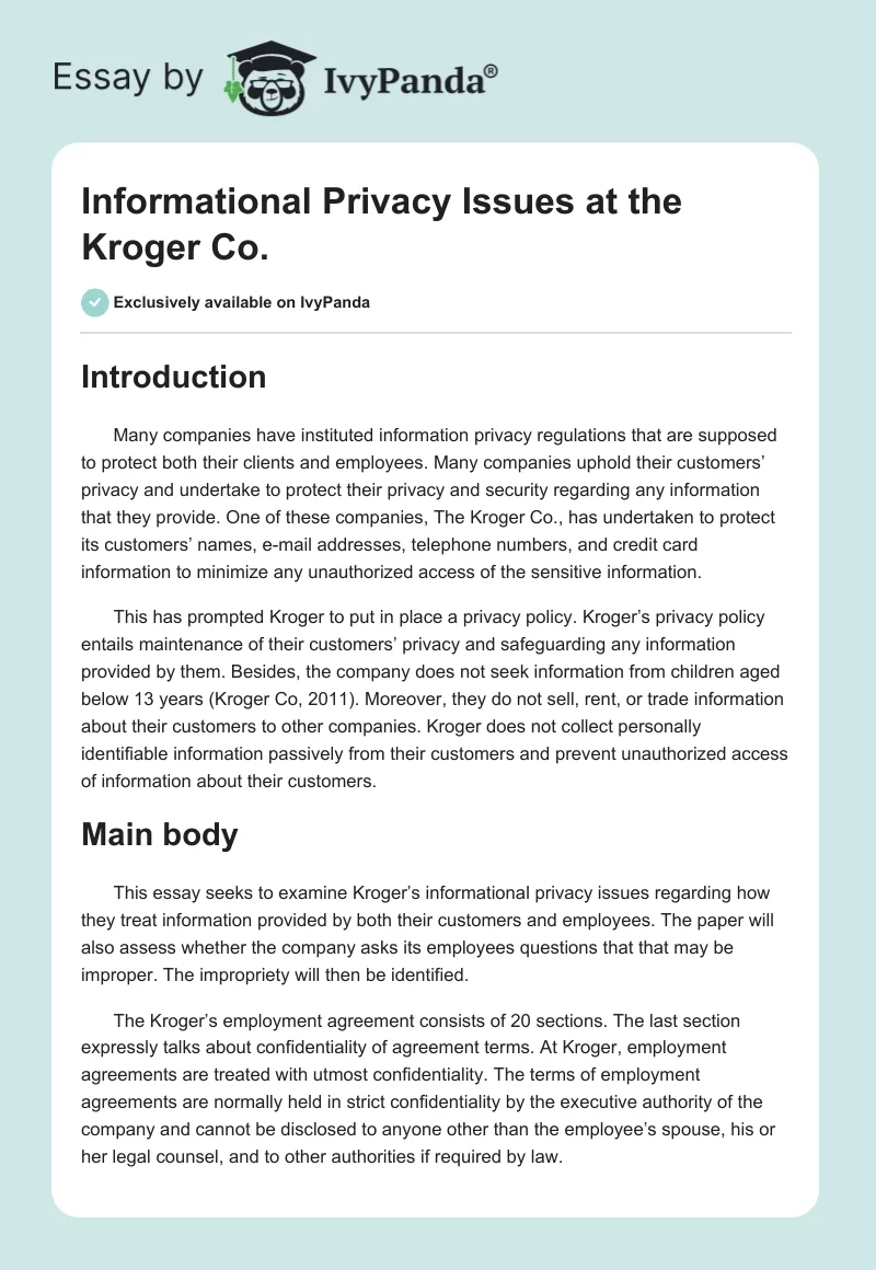 Informational Privacy Issues at the Kroger Co.. Page 1