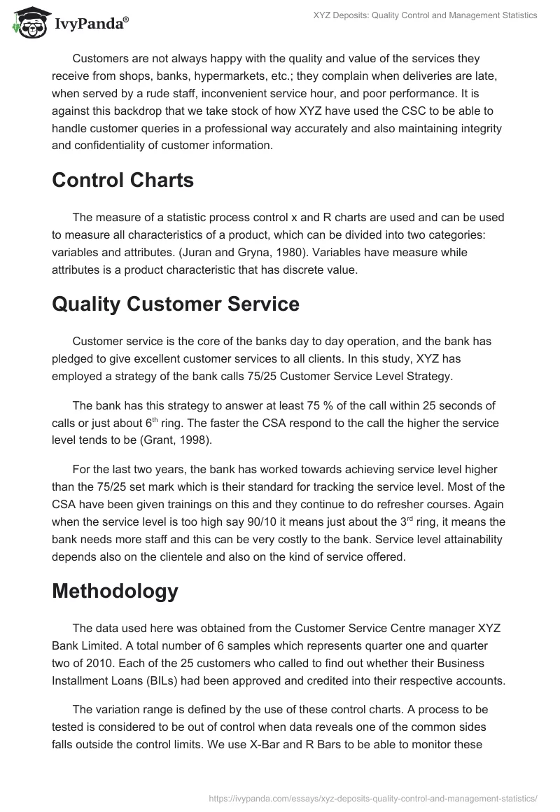 XYZ Deposits: Quality Control and Management Statistics. Page 2