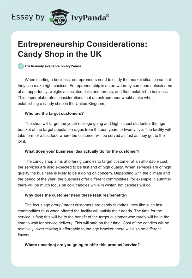Entrepreneurship Considerations: Candy Shop in the UK. Page 1
