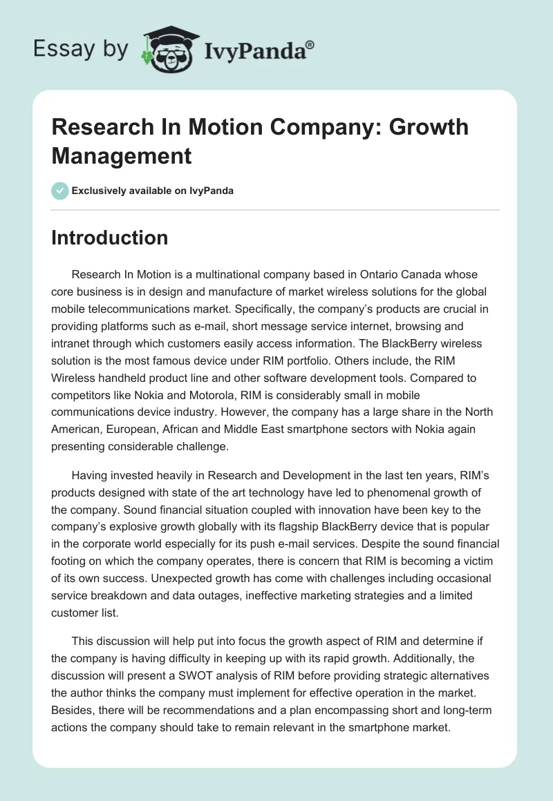 Research In Motion Company: Growth Management. Page 1