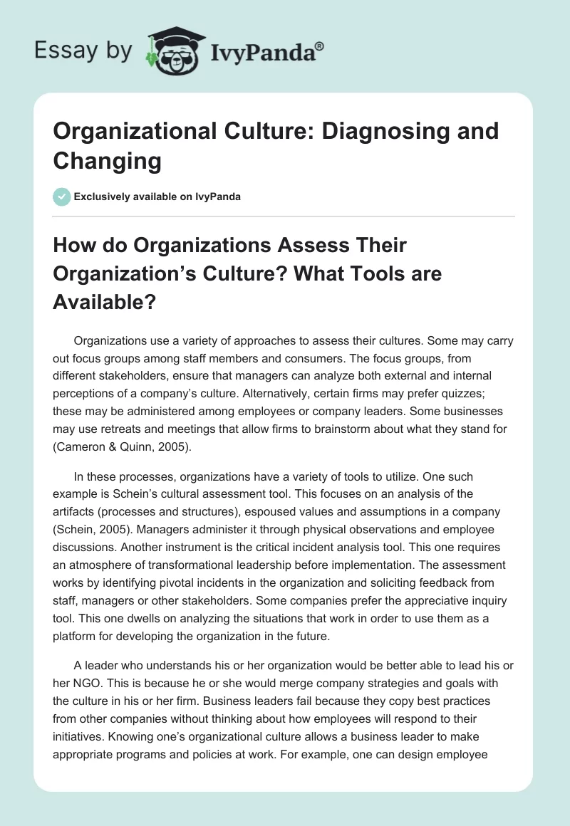 Organizational Culture: Diagnosing and Changing. Page 1