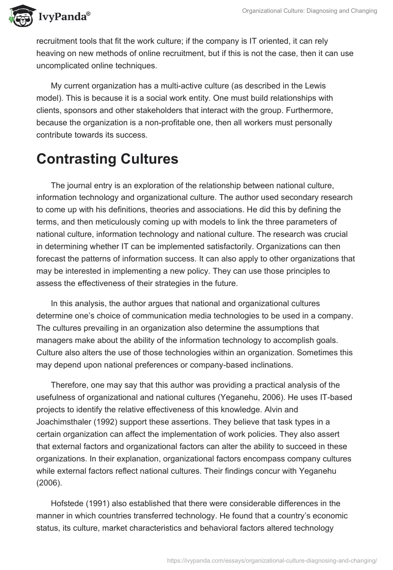 Organizational Culture: Diagnosing and Changing. Page 2