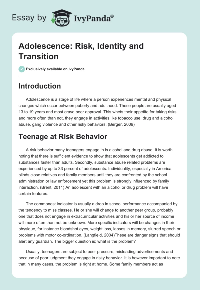 Adolescence: Risk, Identity and Transition. Page 1