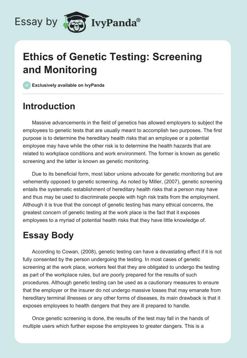 Ethics of Genetic Testing: Screening and Monitoring. Page 1