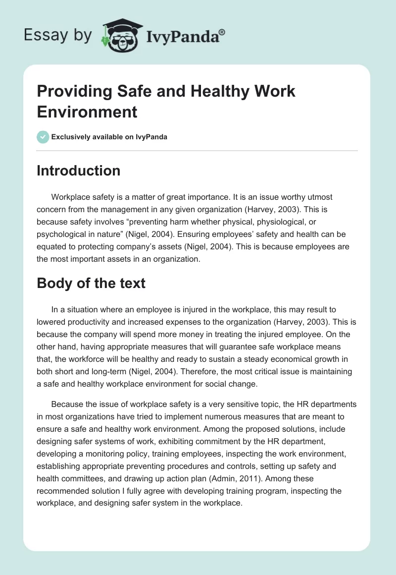 Providing Safe and Healthy Work Environment. Page 1