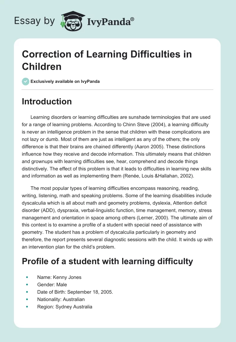 Correction of Learning Difficulties in Children. Page 1