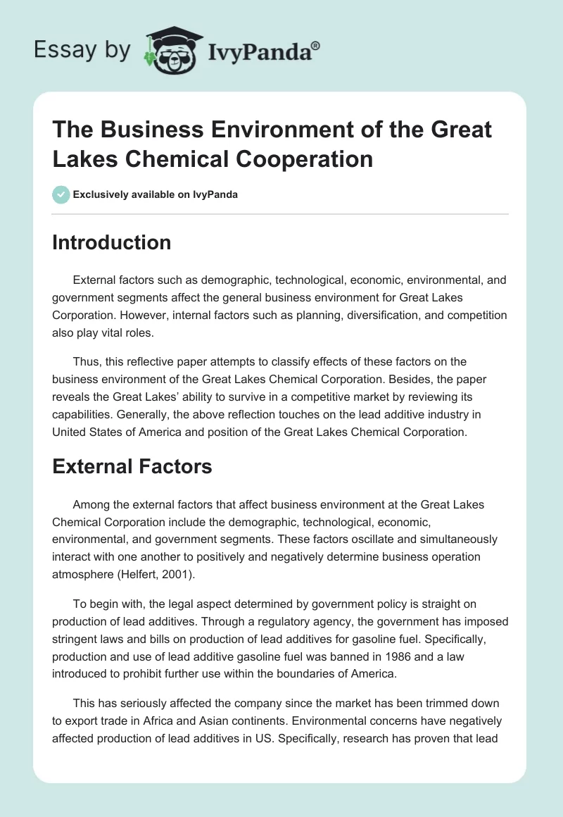 The Business Environment of the Great Lakes Chemical Cooperation. Page 1