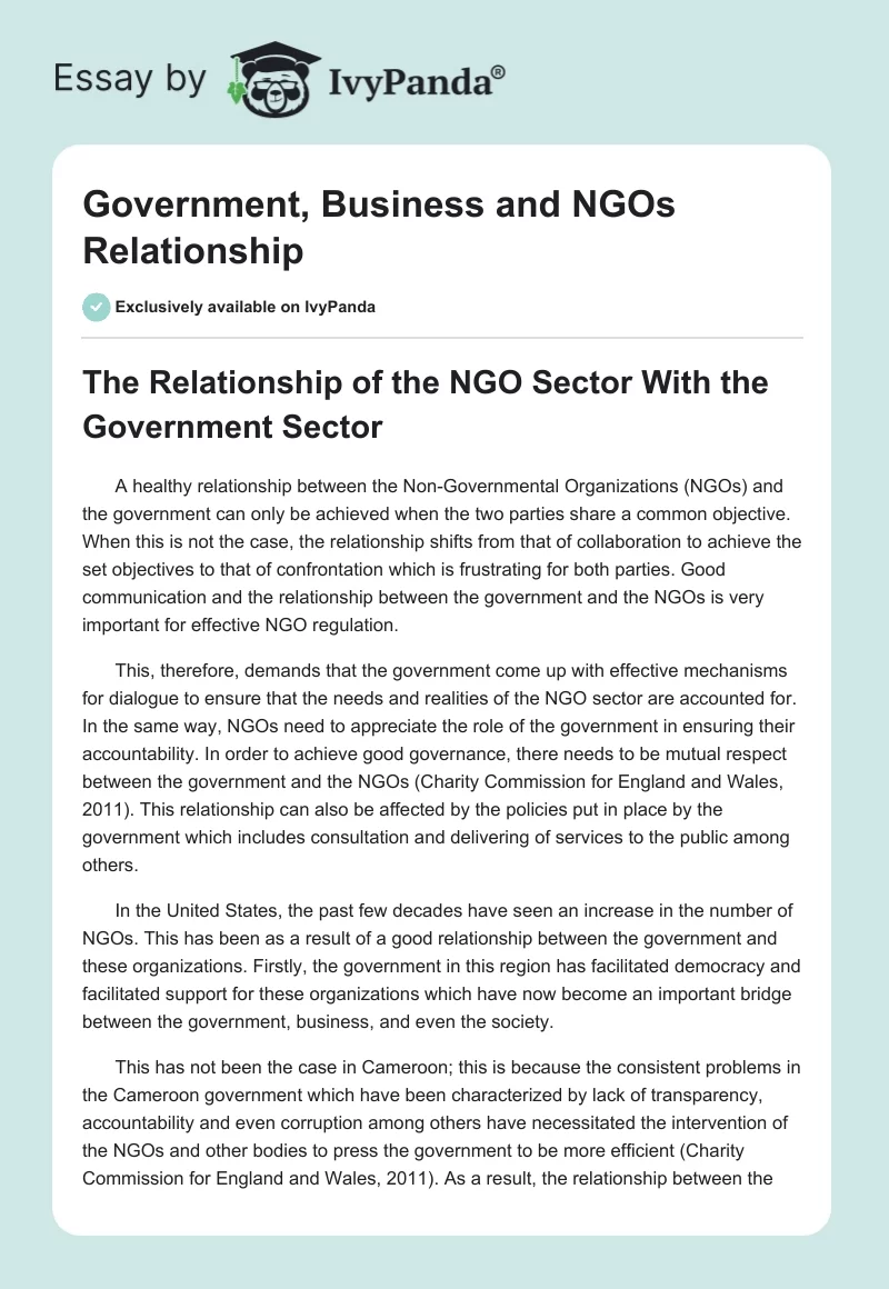 Government, Business and NGOs Relationship. Page 1