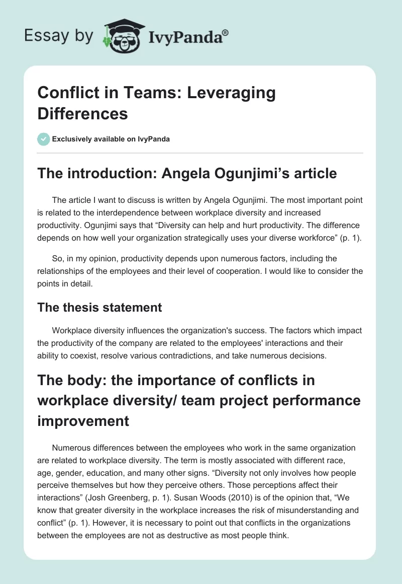 Conflict in Teams: Leveraging Differences. Page 1