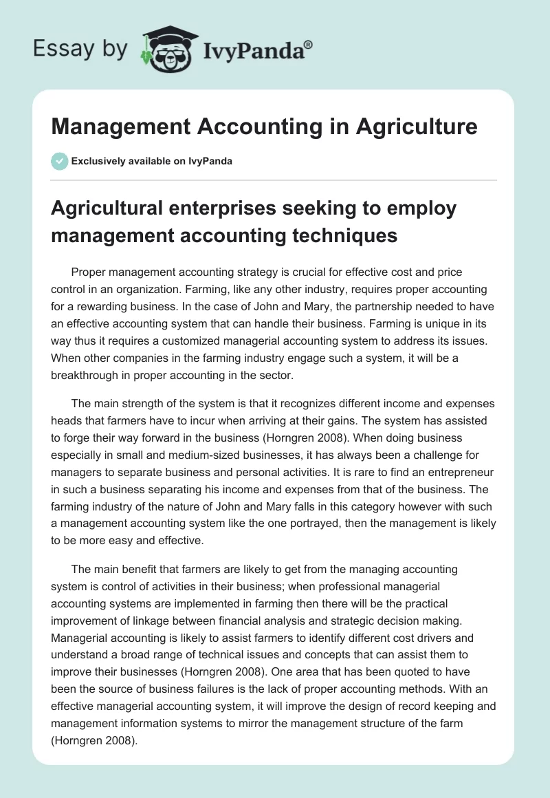 Management Accounting in Agriculture. Page 1