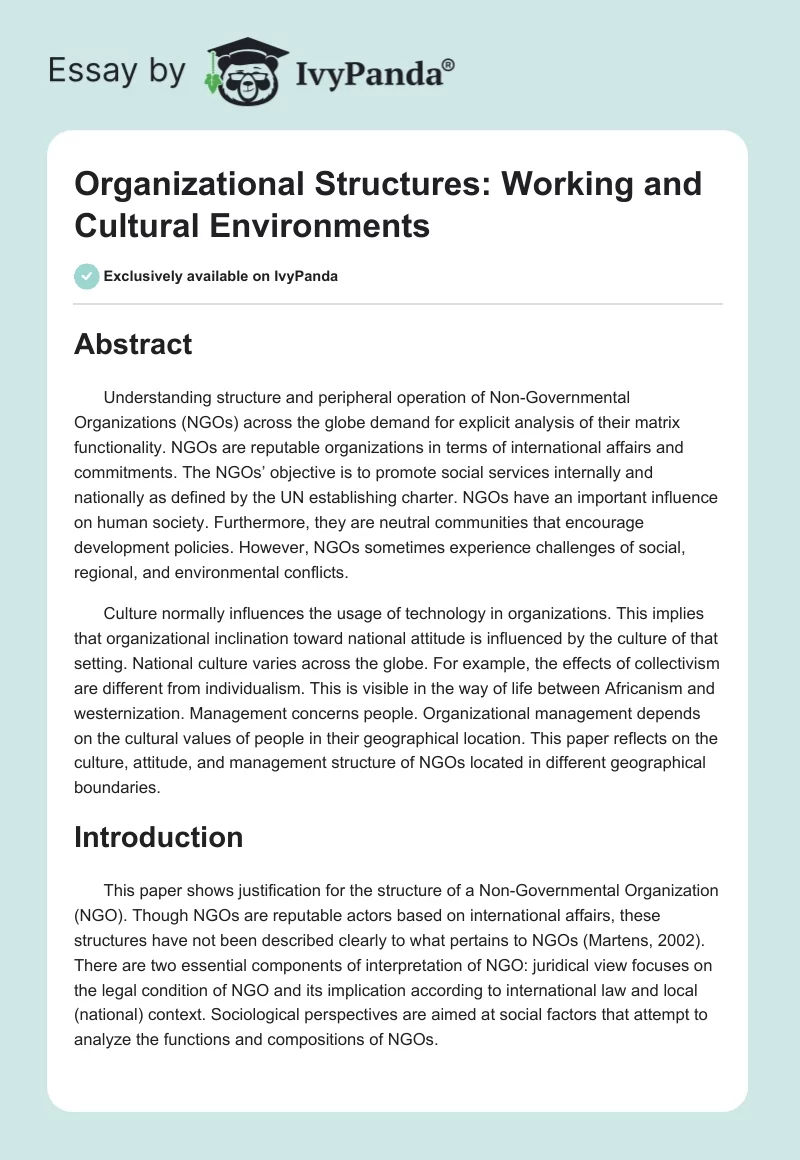Organizational Structures: Working and Cultural Environments. Page 1