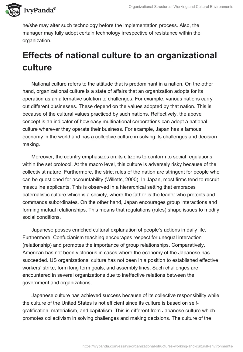 Organizational Structures: Working and Cultural Environments. Page 4