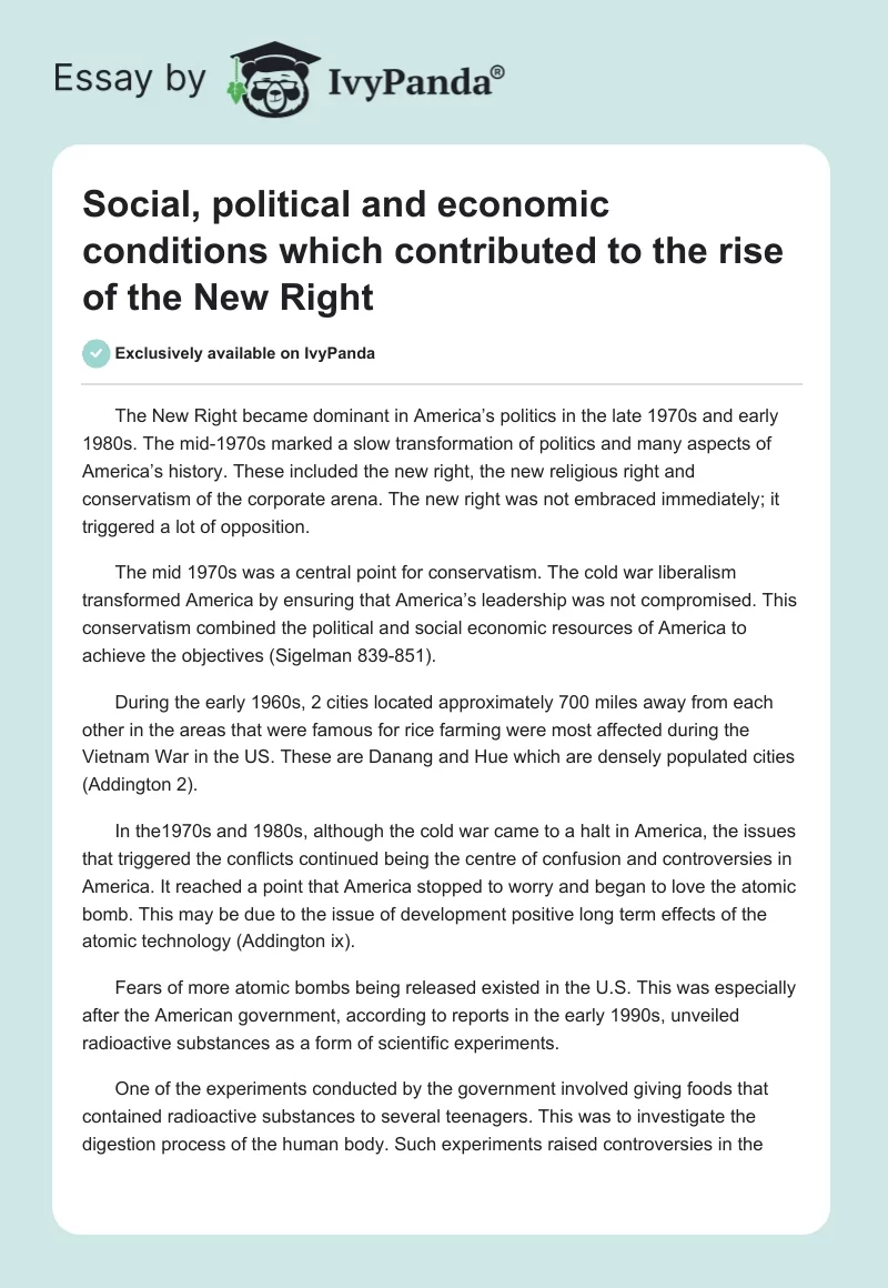 Social, political and economic conditions which contributed to the rise of the New Right. Page 1