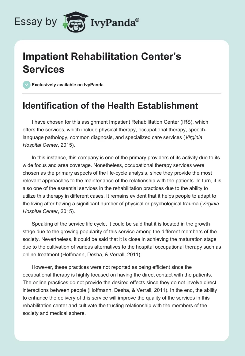 Impatient Rehabilitation Center's Services. Page 1