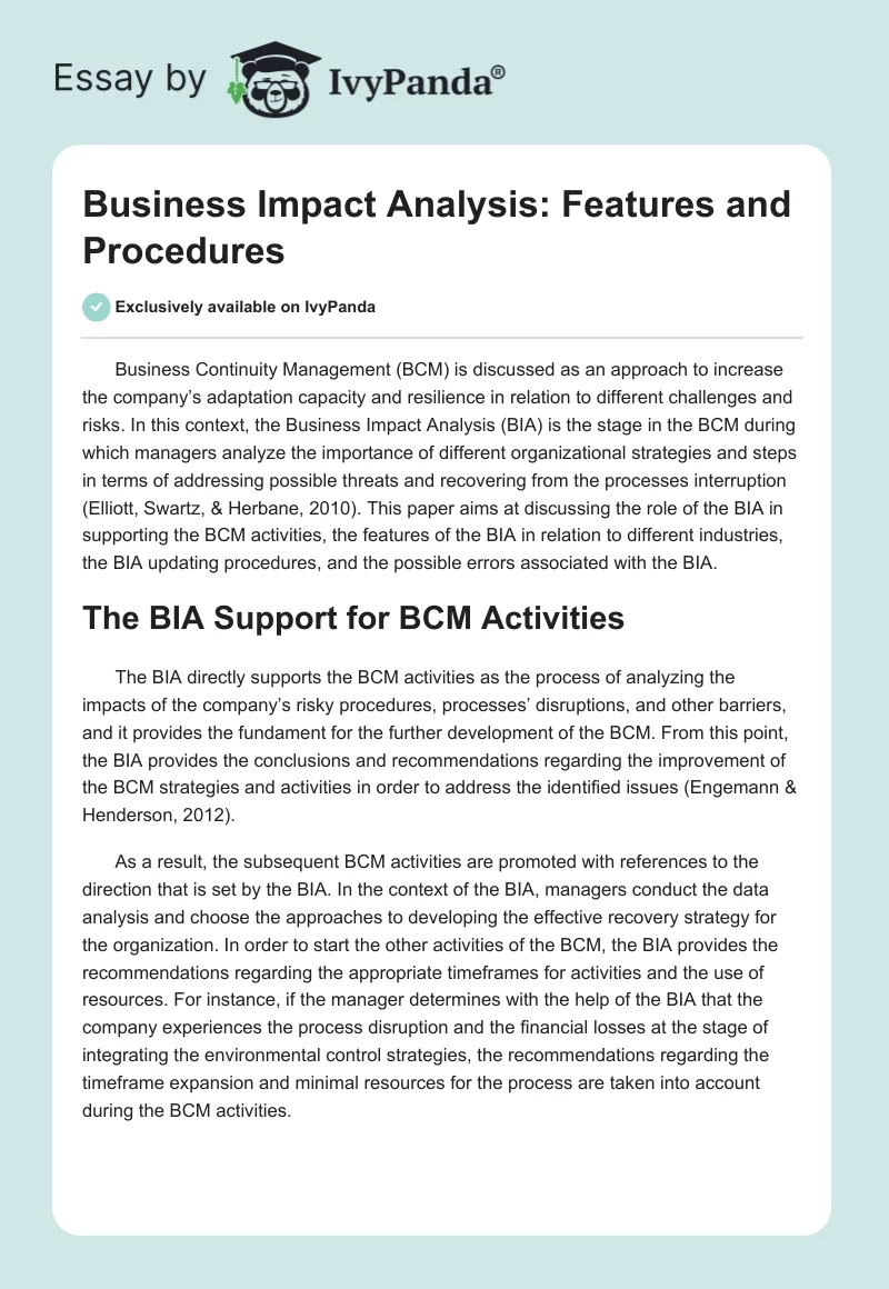 Business Impact Analysis: Features and Procedures. Page 1