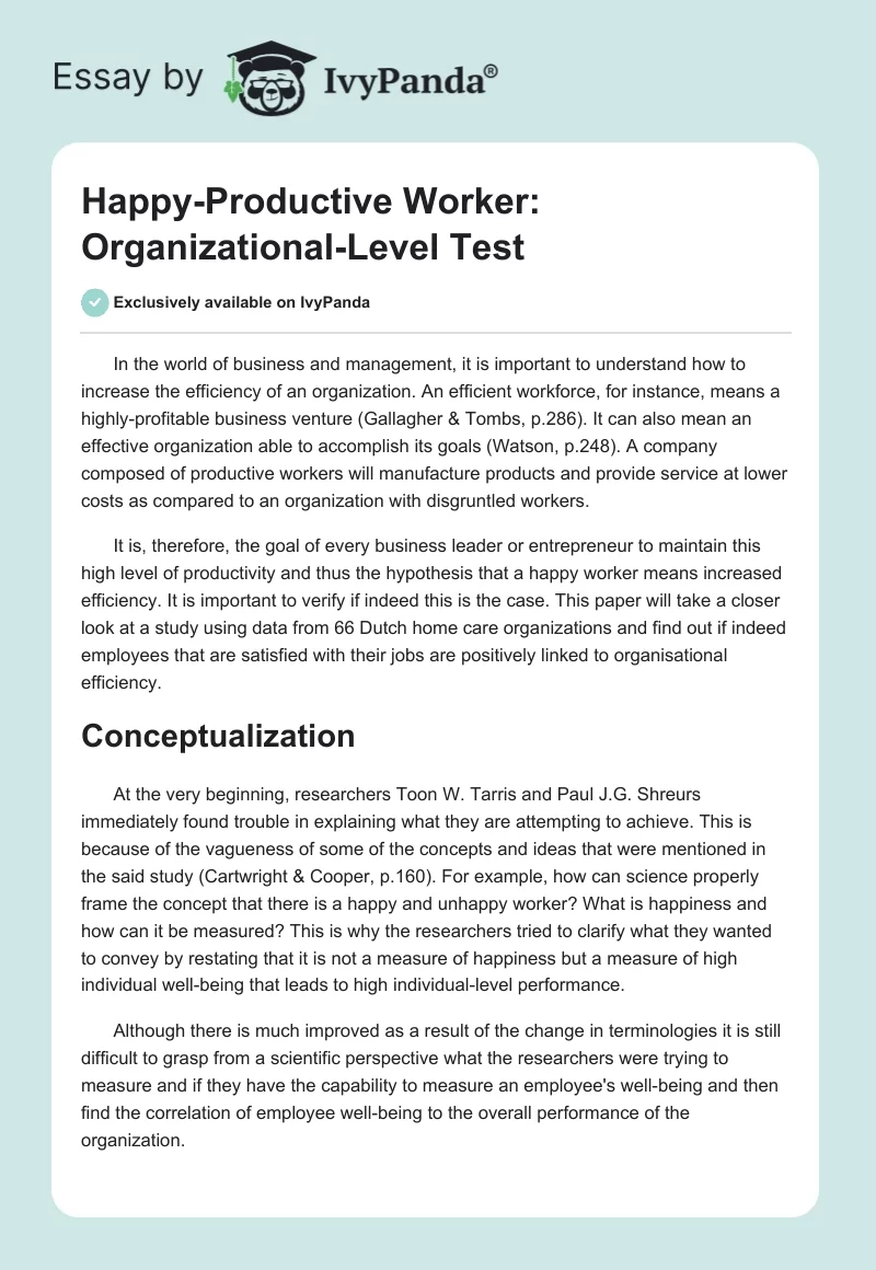 Happy-Productive Worker: Organizational-Level Test. Page 1
