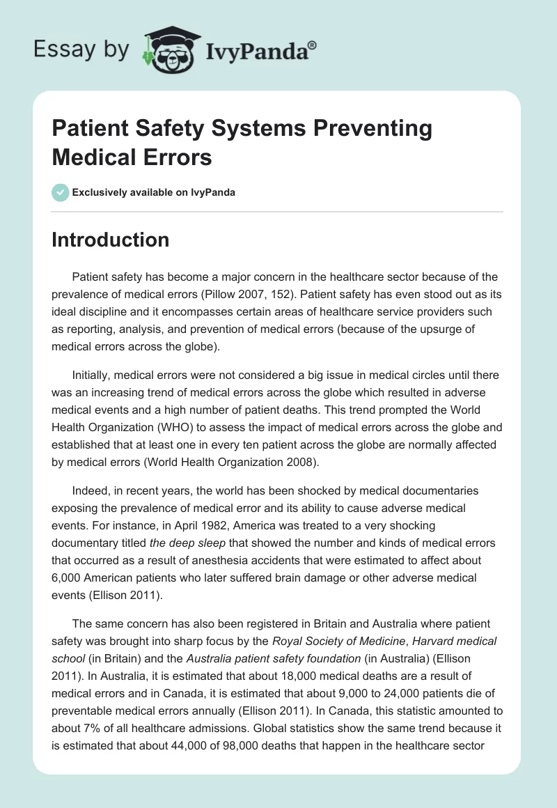 Patient Safety Systems Preventing Medical Errors. Page 1
