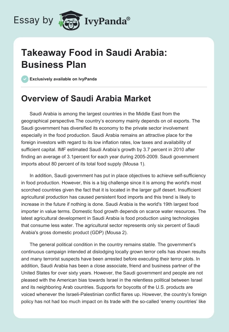 Takeaway Food in Saudi Arabia: Business Plan. Page 1