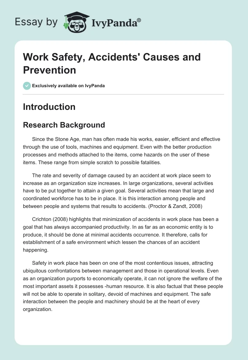 Work Safety, Accidents' Causes and Prevention. Page 1