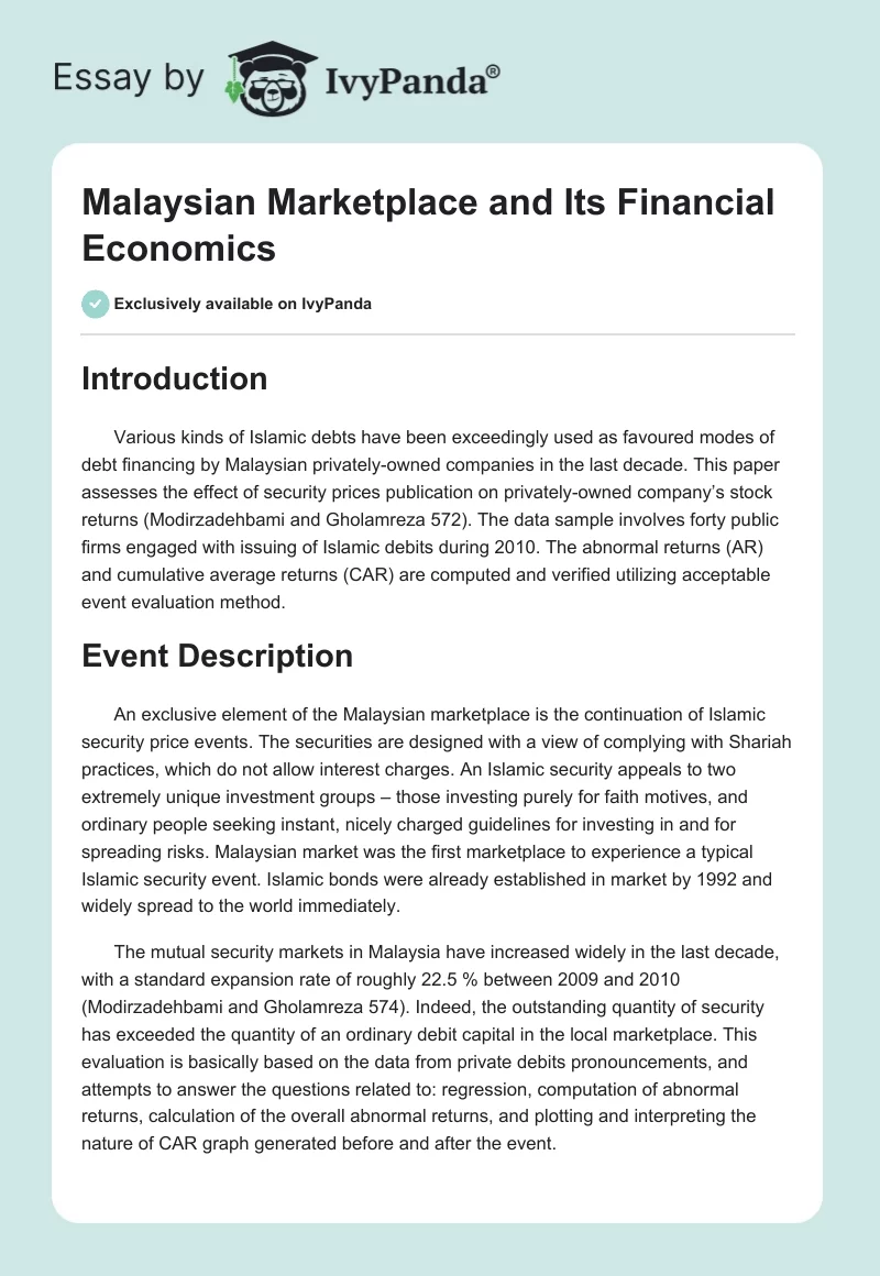 Malaysian Marketplace and Its Financial Economics. Page 1