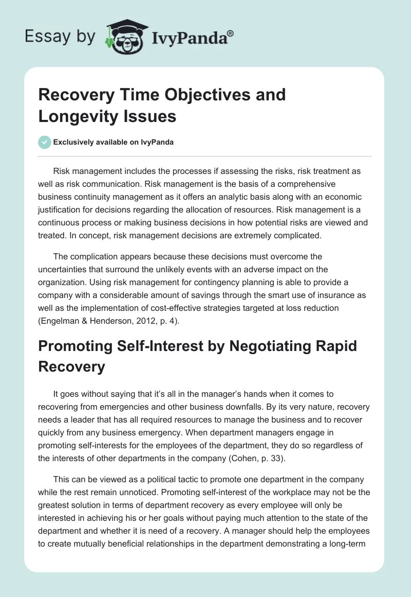 Recovery Time Objectives and Longevity Issues. Page 1