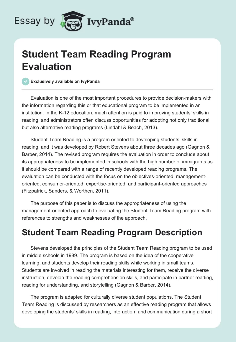 Student Team Reading Program Evaluation. Page 1