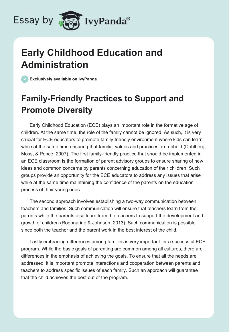 Early Childhood Education and Administration. Page 1