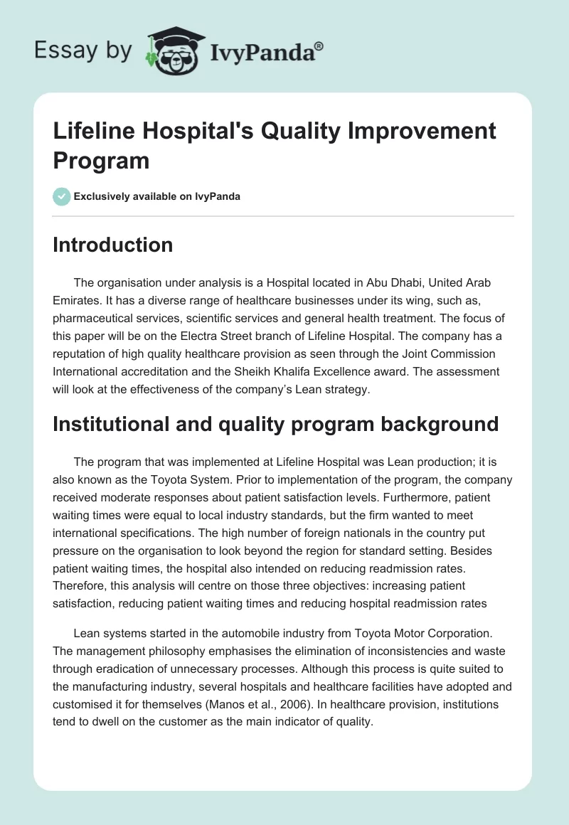 Lifeline Hospital's Quality Improvement Program. Page 1