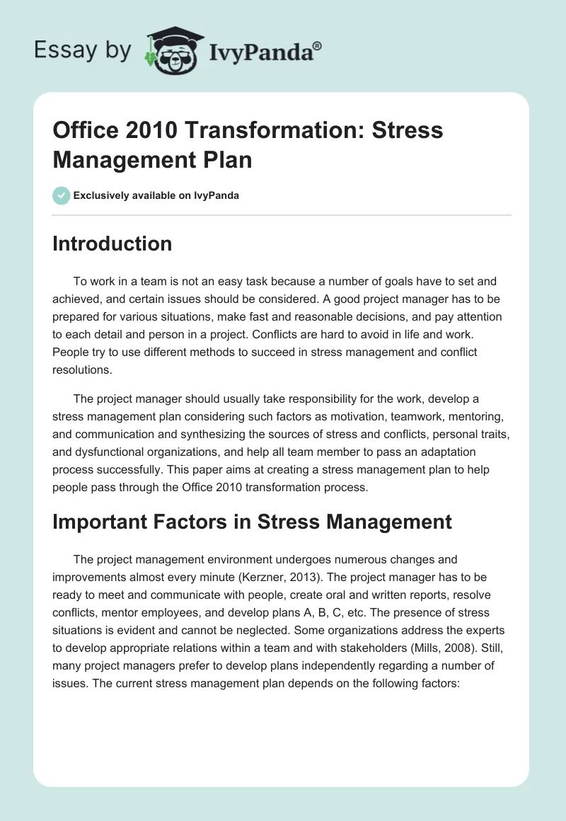 Office 2010 Transformation: Stress Management Plan. Page 1