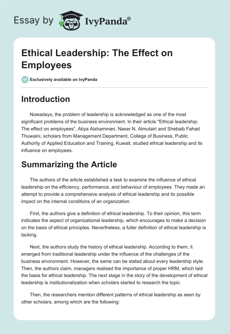 Ethical Leadership: The Effect on Employees. Page 1