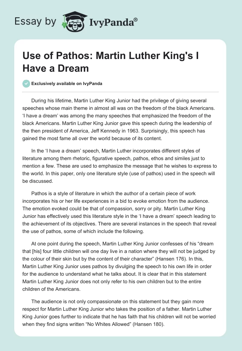 Use of Pathos: Martin Luther King's "I Have a Dream". Page 1
